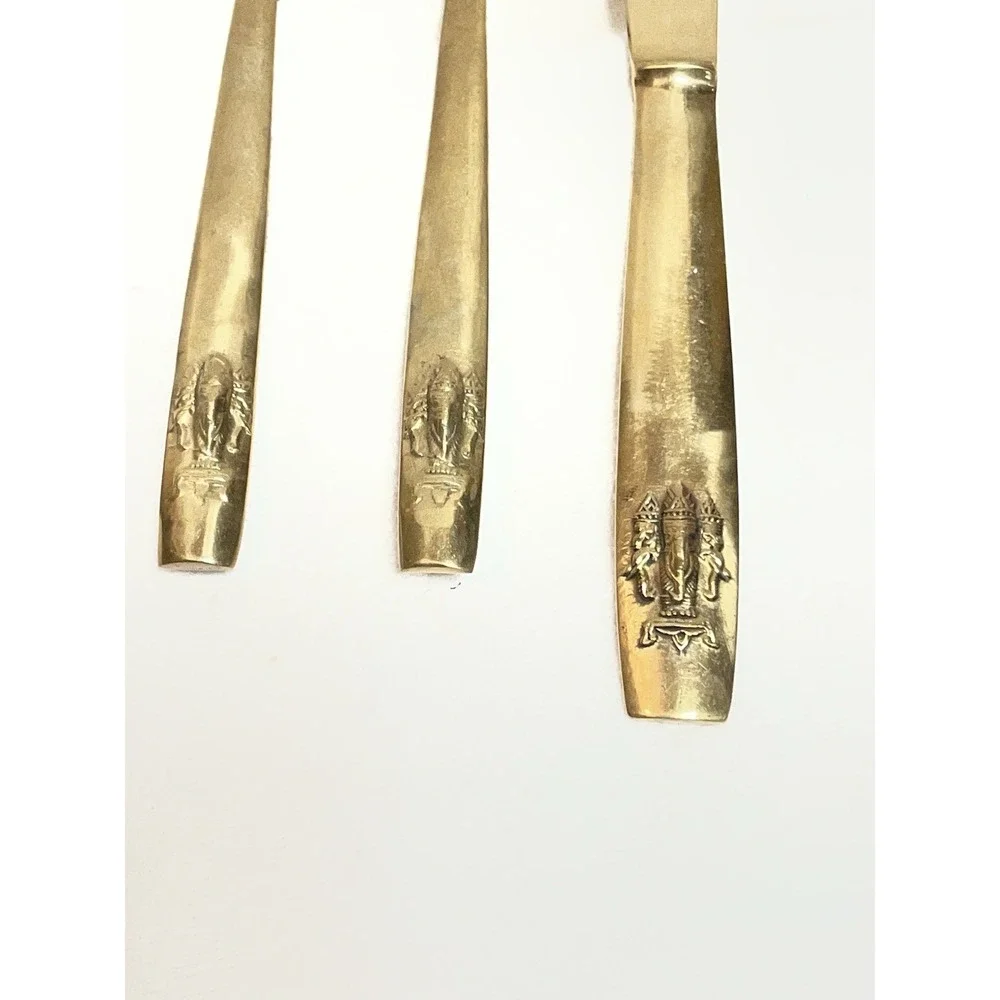 Bronze Ware Flatware 4 Piece 3 Head Elephant Design Bronze Knife Spoons Vtg Siam